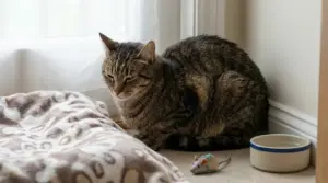 Gatto tigrato accovacciato in un angolo di casa accanto a una ciotola, con postura che può indicare dolore