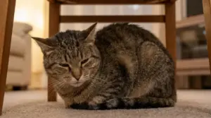 Gatto tigrato accovacciato sotto una sedia con espressione abbattuta, possibile segnale di dolore nel gatto