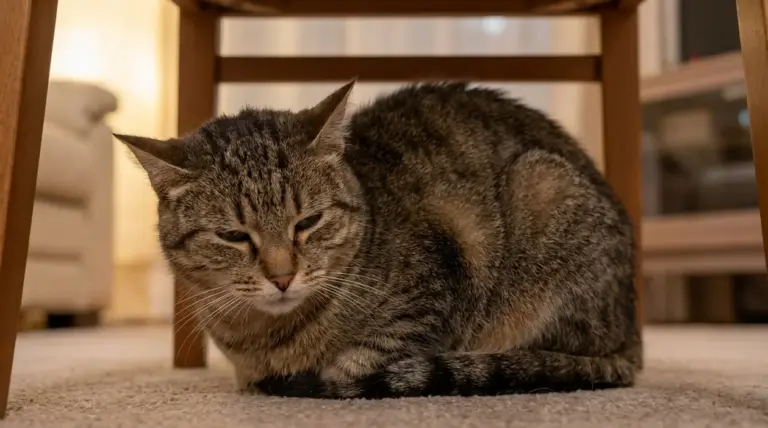 Gatto tigrato accovacciato sotto una sedia con espressione abbattuta, possibile segnale di dolore nel gatto