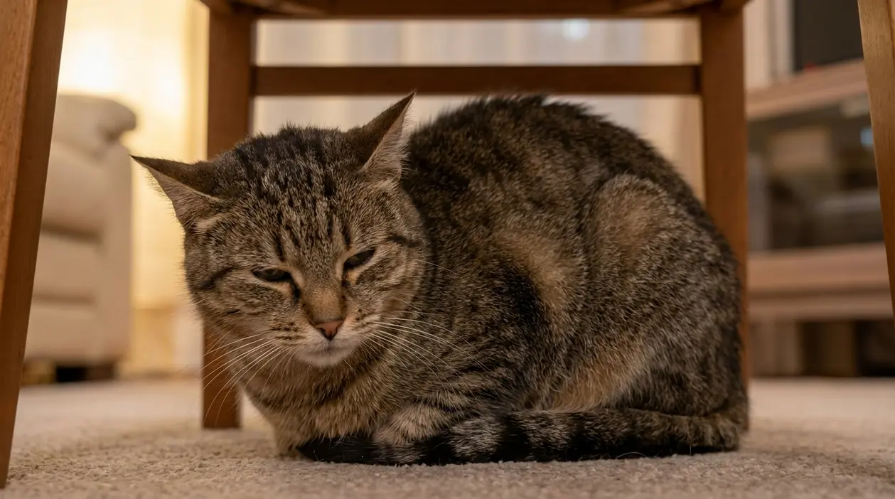 Gatto tigrato accovacciato sotto una sedia con espressione abbattuta, possibile segnale di dolore nel gatto
