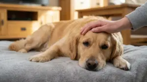 Cane sdraiato su una coperta mentre una persona gli tocca la testa per controllare possibili segnali di febbre
