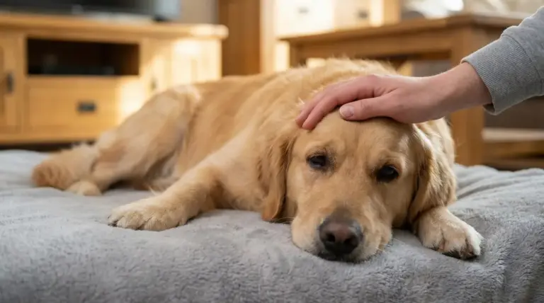 Cane sdraiato su una coperta mentre una persona gli tocca la testa per controllare possibili segnali di febbre