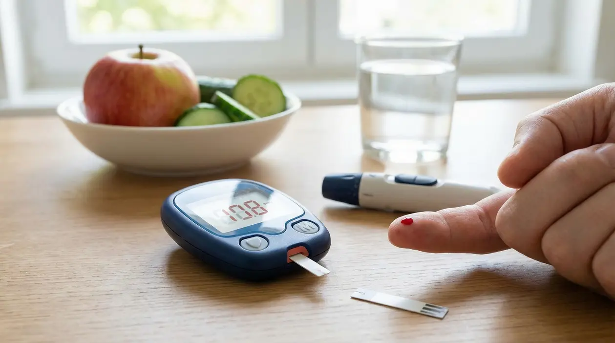 Misurazione della glicemia con glucometro e goccia di sangue sul dito, con frutta e acqua sul tavolo