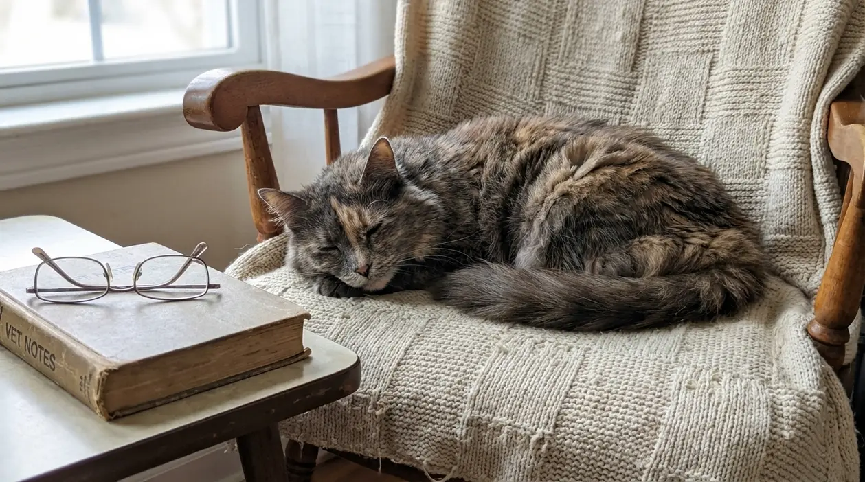 Gatto anziano che riposa su una poltrona accanto a un libro di veterinaria e a un paio di occhiali
