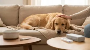 Cane sdraiato sul divano mentre una persona lo accarezza, segno di malessere e attenzione alla salute del cane