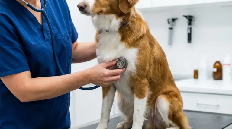 Veterinario visita un cane sul lettino durante un controllo per possibili segnali di problemi di salute