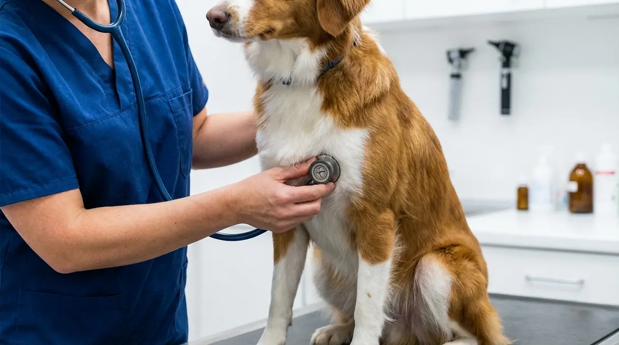 Veterinario visita un cane sul lettino durante un controllo per possibili segnali di problemi di salute