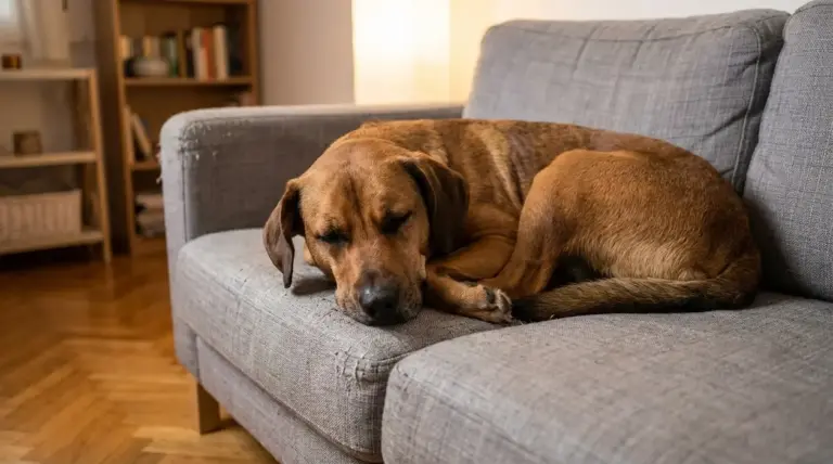 Cane sdraiato sul divano in casa con postura raccolta, possibile segnale di stress cronico