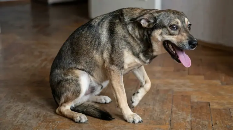 Cane seduto in casa con postura tesa, occhi spalancati e lingua fuori, possibili segnali di stress