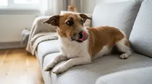 Cane sdraiato sul divano che si lecca il naso, possibile segnale di stress in ambiente domestico