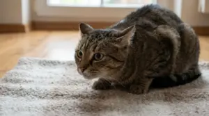 Gatto accovacciato sul tappeto con postura tesa, possibile segnale di stress in casa