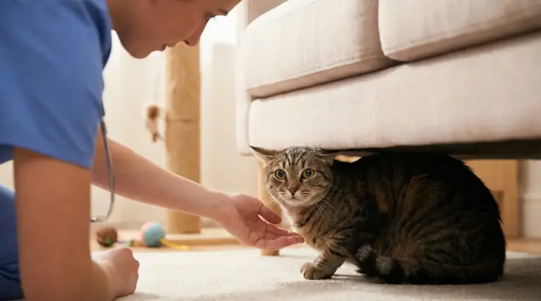 Gatto nascosto sotto il divano mentre una persona prova ad avvicinarlo, segnale di possibile stress in casa