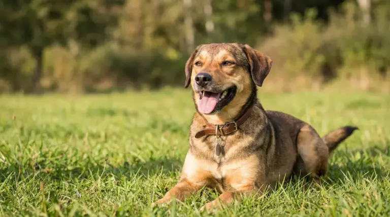 Cane sdraiato sull’erba con espressione rilassata e lingua fuori, segnale di benessere e serenità