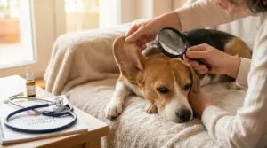 Persona che controlla l’orecchio di un cane con una lente, segnale fisico da non ignorare.