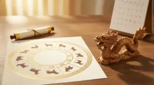 Ruota dei segni dell’oroscopo cinese su un tavolo, con statuetta di drago e calendario sullo sfondo