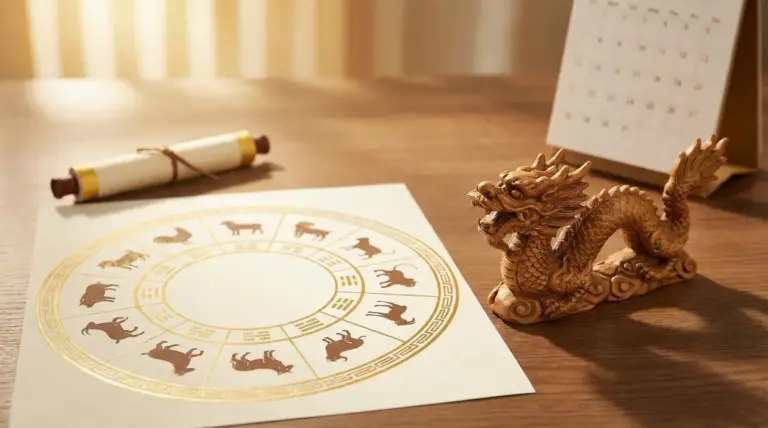 Ruota dei segni dell’oroscopo cinese su un tavolo, con statuetta di drago e calendario sullo sfondo