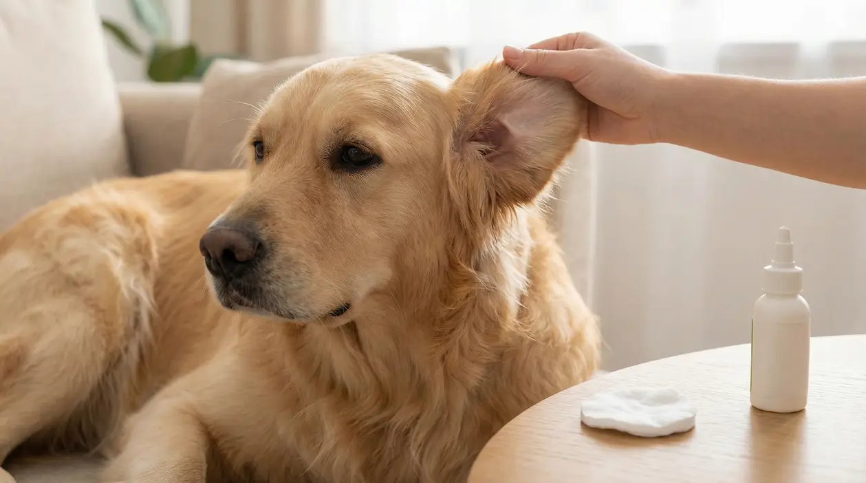 Persona controlla l’orecchio di un cane golden retriever con detergente auricolare sul tavolo