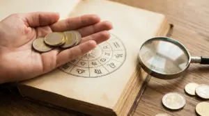 Mano con monete in euro sopra un libro con ruota dello zodiaco, con lente d’ingrandimento su tavolo in legno