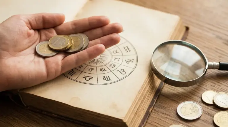 Mano con monete in euro sopra un libro con ruota dello zodiaco, con lente d’ingrandimento su tavolo in legno