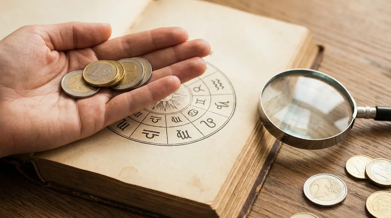 Mano con monete in euro sopra un libro con ruota dello zodiaco, con lente d’ingrandimento su tavolo in legno