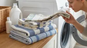 Donna annusa strofinacci e tovaglie appena lavati accanto alla lavatrice in lavanderia