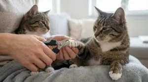 Persona che taglia delicatamente le unghie a un gatto tigrato con tronchesina, mentre un altro gatto osserva