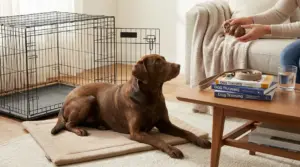 Cane sdraiato su un cuscino in salotto mentre una persona prepara un gioco con snack vicino al kennel