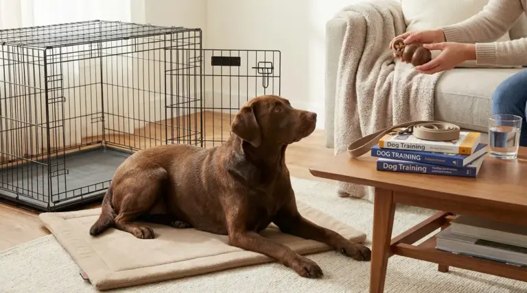 Cane sdraiato su un cuscino in salotto mentre una persona prepara un gioco con snack vicino al kennel