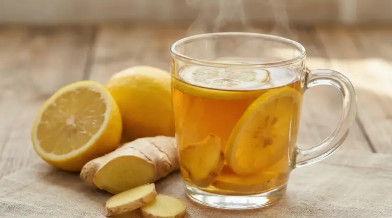 Tisana calda allo zenzero e limone in tazza di vetro, con fette di limone e radice di zenzero su tavolo