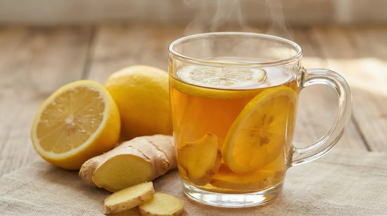 Tisana calda allo zenzero e limone in tazza di vetro, con fette di limone e radice di zenzero su tavolo