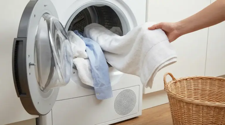 Mano che toglie asciugamani dall’asciugatrice aperta, con camicia azzurra e biancheria dentro