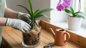 Persona rinvasa un’orchidea in vaso trasparente con corteccia e muschio, vicino a una finestra luminosa