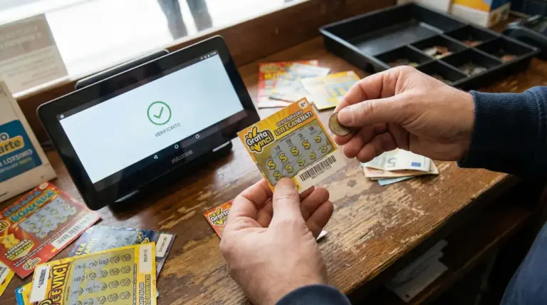 Mani che controllano un gratta e vinci al banco, con terminale di verifica e moneta in mano
