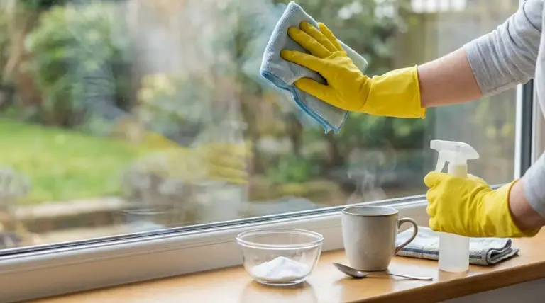 Persona con guanti gialli pulisce un vetro con panno e spray accanto a una tazza di acqua calda e una ciotola